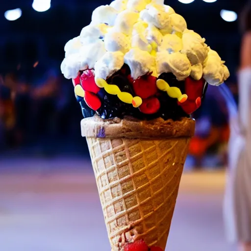 Image similar to tallest ice cream sundae trifle ever, surrounded by crowd, flash photography