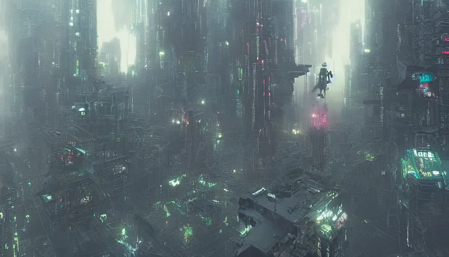 Prompt: a scifi spacecraft appears out of the mist above a cyberpunk City, volumetric search lights, cinematic lighting, epic composition, rule of thirds, the fifth Element, tekkon kinkreet, akira, rendered by simon stålenhag, rendered by Beeple, Makoto Shinkai, syd meade, environment concept, digital art, starwars, raphael lacoste, eddie mendoza, alex ross, concept art, cinematic lighting, , unreal engine, 3 point perspective, WLOP, trending on artstation, low level, 4K UHD image, octane render,