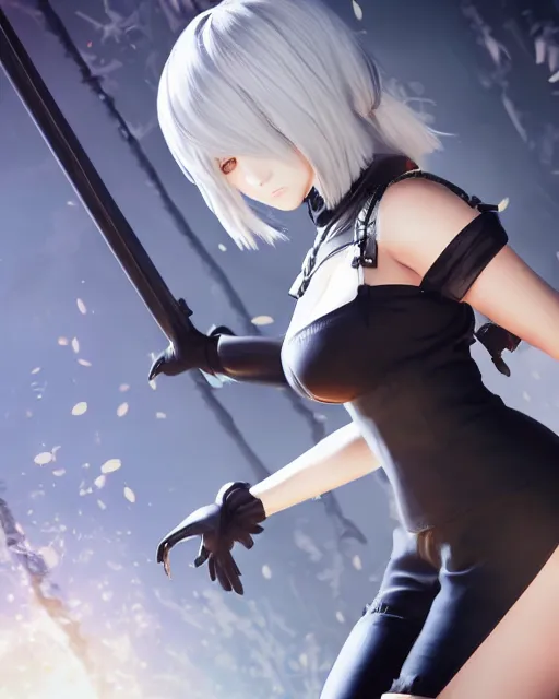 Prompt: Beautiful full body portrait of 2b, nier automata wearing short clothes, cinematic 8k, high detailed