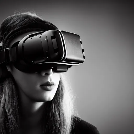 Image similar to portrait of a cyberpunk girl wearing vr headset, black & white photo by annie leibovitz