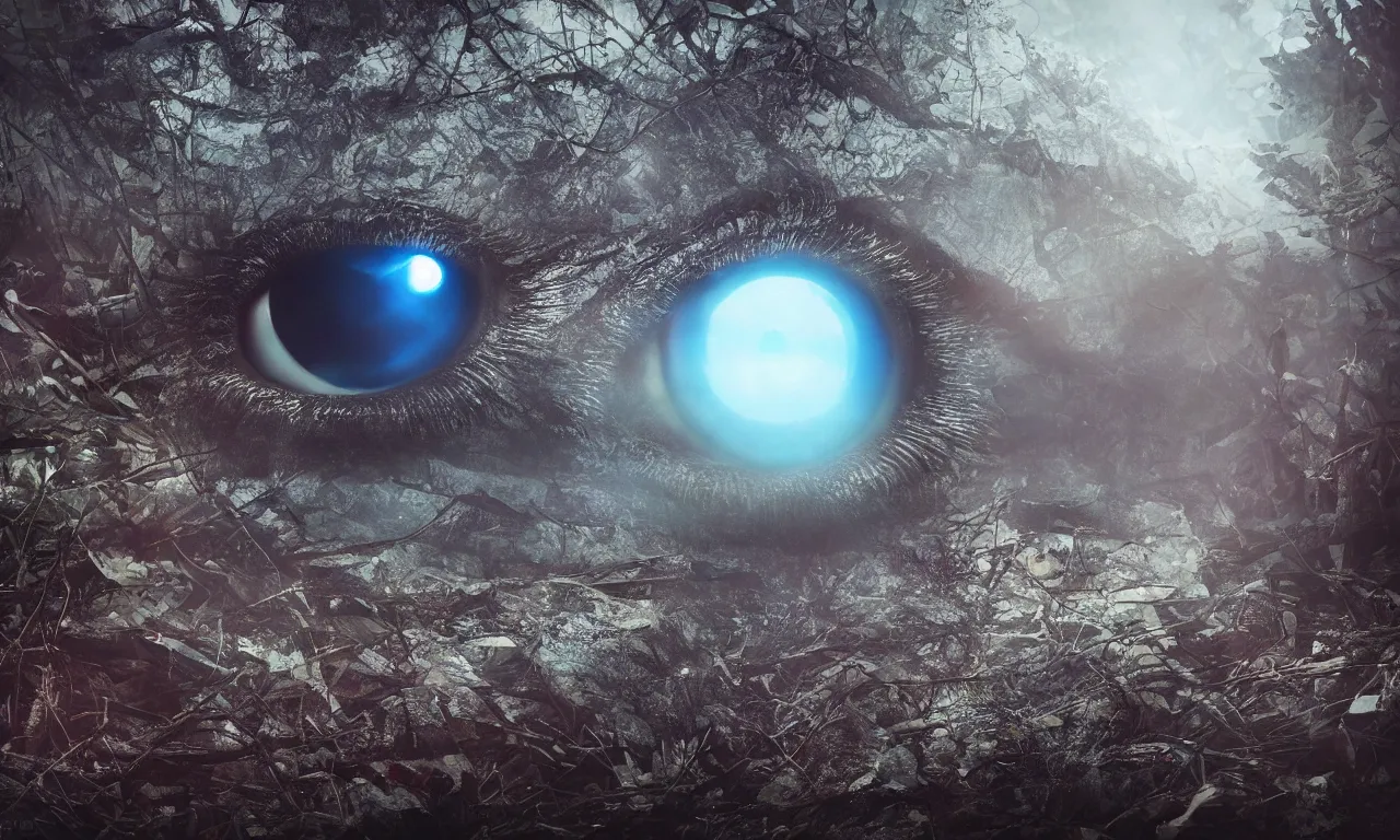 Image similar to Glowing Mordor Eye at Finnish forest lake, futuristic, cyberpunk, highly detailed, photorealistic, sharp focus, cinematic composition, cinematic lighting, detailed