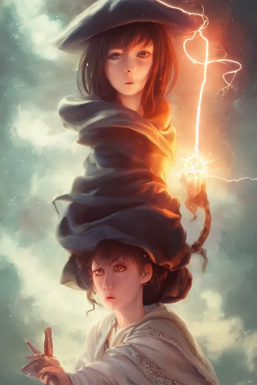 Image similar to a cute wizard girl conjuring a lightening ball, character art portrait, anime key visual, official media, illustrated by tom bagshaw, wlop, kentaro miura, extremely detailed, 8 k, trending on artstation, cinematic lighting, beautiful