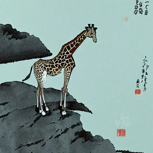 Image similar to giraffe in a bot on a stormy sea at the base of cliffs, japanese style ink art,