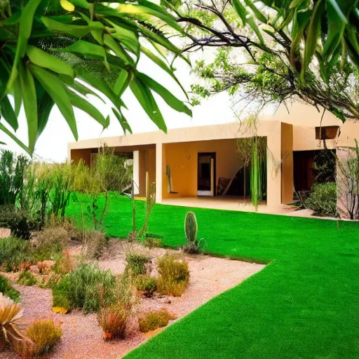 Image similar to a beautiful desert house with flowing green garden around it