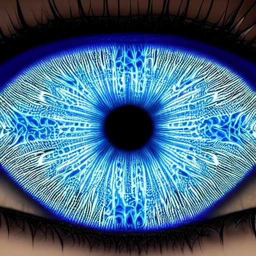 Image similar to close up of glowing, neon blue eyes with fractal patterns