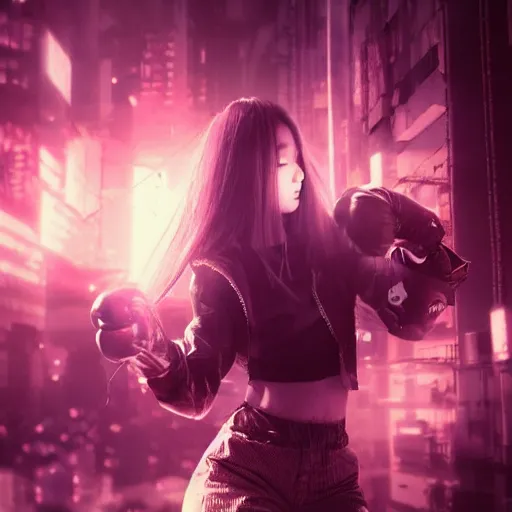 Image similar to a girl like (yoona, Elle Fanning), punching in a bag, background cyberpunk city, kpop, fullshot, photo, volumetric lighting, epic composition, intricate details, dark neon punk, by KDA