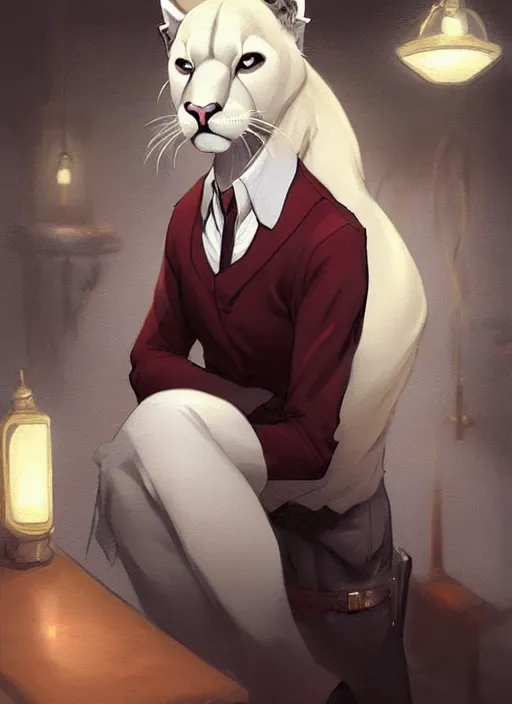 Image similar to beautiful portrait commission of a male furry anthro albino mountain lion with dark red eyes wearing a dress shirt in an old-timey Saloon. Atmospheric. Character design by charlie bowater, ross tran, artgerm, and makoto shinkai, detailed, inked, western comic book art