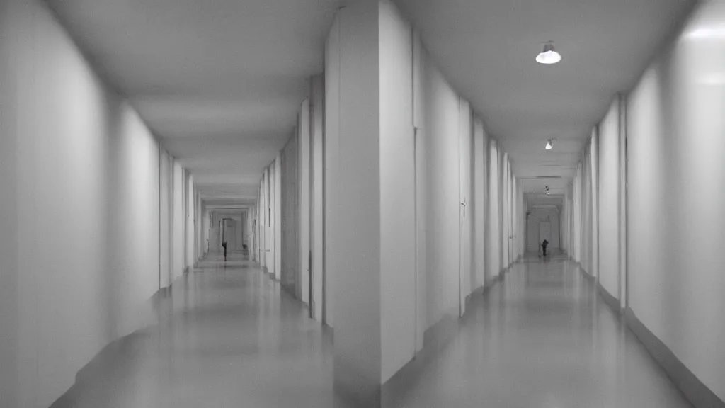 Prompt: stanley kubrick white hallway