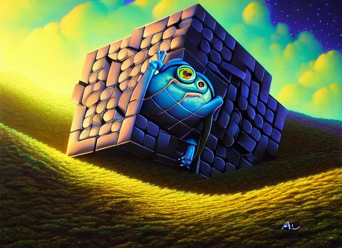 Prompt: hyper realistic detailed image of huge tungsten metallic cube and pepe the frog on the hill slope, by ayami kojima, amano, beeple, greg hildebrandt, and mark brooks, mystical, rich deep colors, cinematic light, long cinematic shot, extremely detailed, very coherent symmetrical artwork, 8 k