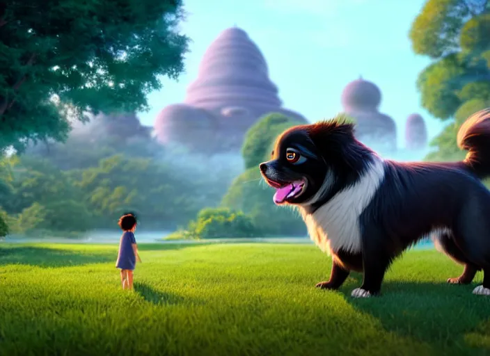 Image similar to a wholesome animation key shot of a black tibetan spaniel, thai temple in the background, studio ghibli, pixar and disney animation, sharp, rendered in unreal engine 5, anime key art by greg rutkowski, bloom, dramatic lighting