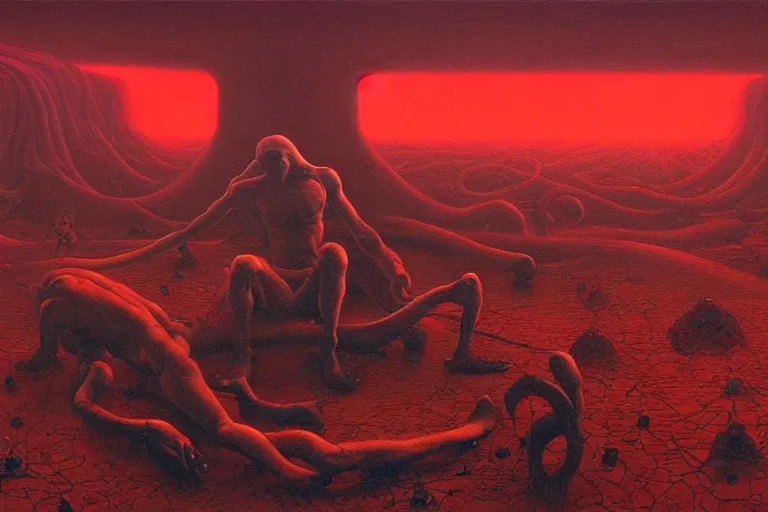 Image similar to only with red, a red god of death eat apple, a futuristic city on mars in background, floor are worms, in the style of beksinski, part by hopper, part by rodcenko, part by hofbauer, intricate composition, red by caravaggio, insanely quality, highly detailed, masterpiece, red light, artstation