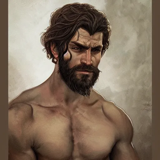 Image similar to portrait of a rugged ranger, 2 5 years old, muscular, upper body, face, hairy torso, d & d, fantasy, intricate, elegant, highly detailed, digital painting, artstation, concept art, smooth, sharp focus, illustration, art by artgerm and greg rutkowski and alphonse mucha