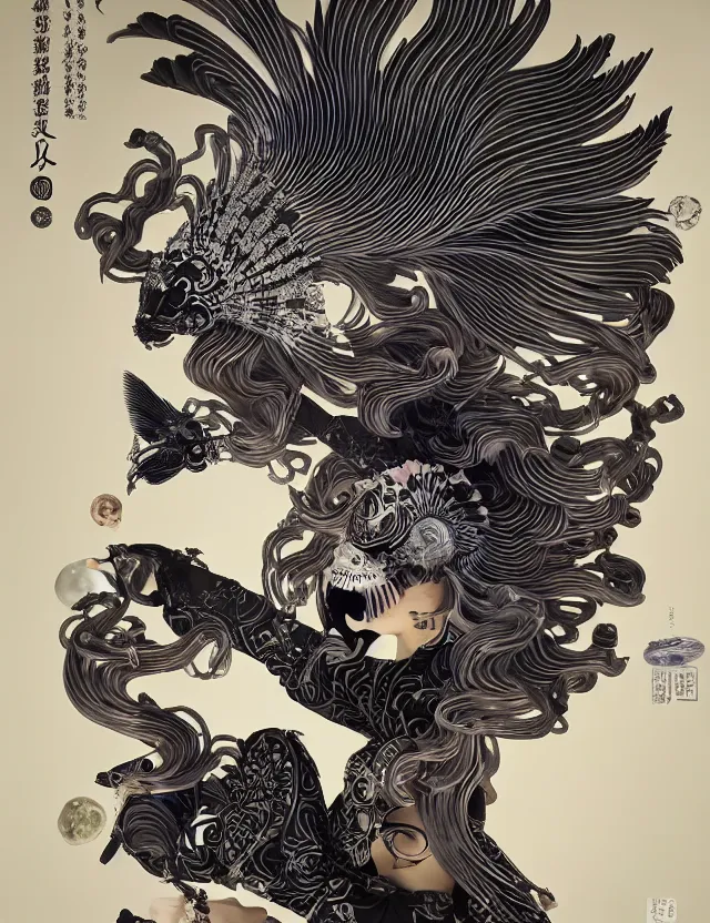 Image similar to 3 d goddess bottom - up with ram skull. beautiful intricately detailed japanese crow kitsune mask and clasical japanese kimono. betta fish, jellyfish phoenix, bio luminescent, plasma, ice, water, wind, creature, artwork by tooth wu and wlop and beeple and greg rutkowski