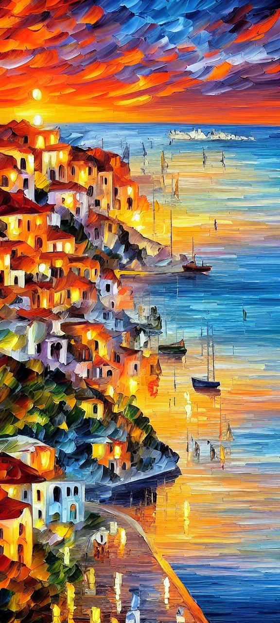 Image similar to beautiful seaside greek village at sunset in the style of leonid afremov