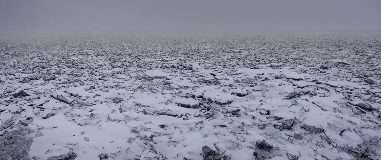 Image similar to a high quality color creepy atmospheric extreme wide angle shot hd 4 k film 3 5 mm photograph of very heavy snow storm a total white out blizzard in a desolate antarctica landscape