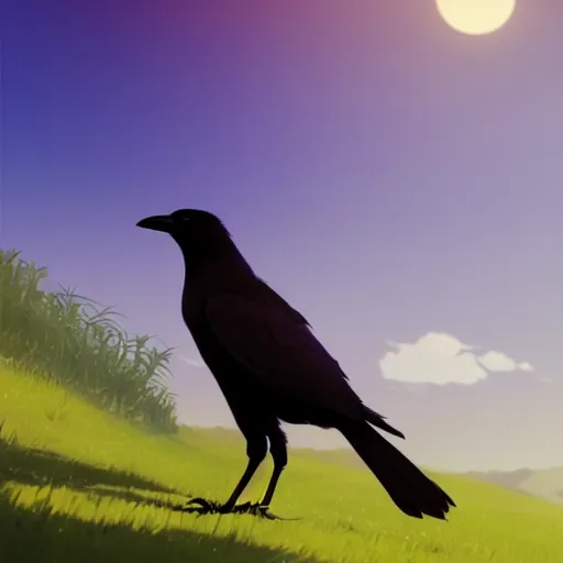 Prompt: a wholesome animation key shot of a crow on a hill, simetrical medium shot, studio ghibli, pixar and disney animation, sharp, rendered in unreal engine 5, anime key art by greg rutkowski, bloom, dramatic lighting