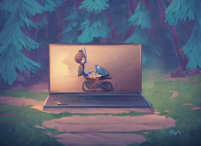 Prompt: laptop with wheels, cartoonish cute, pine trees, dramatic atmosphere, trending on artstation, 3 0 mm, by noah bradley trending on artstation, deviantart, high detail, stylized portrait