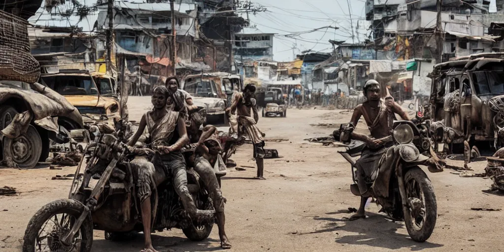 Image similar to sri lankan mad max style, city streets, film still, epic shot cinematography, rule of thirds