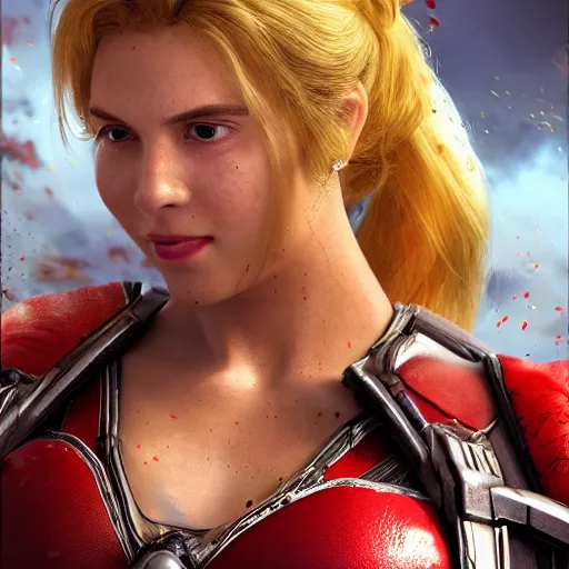 Image similar to portrait of princess peach as superman in gears of war, splash art, movie still, detailed face, photorealistic facial features, cinematic lighting, dramatic, octane render, long lens, shallow depth of field, bokeh, anamorphic lens flare, 8 k, hyper detailed, 3 5 mm film grain