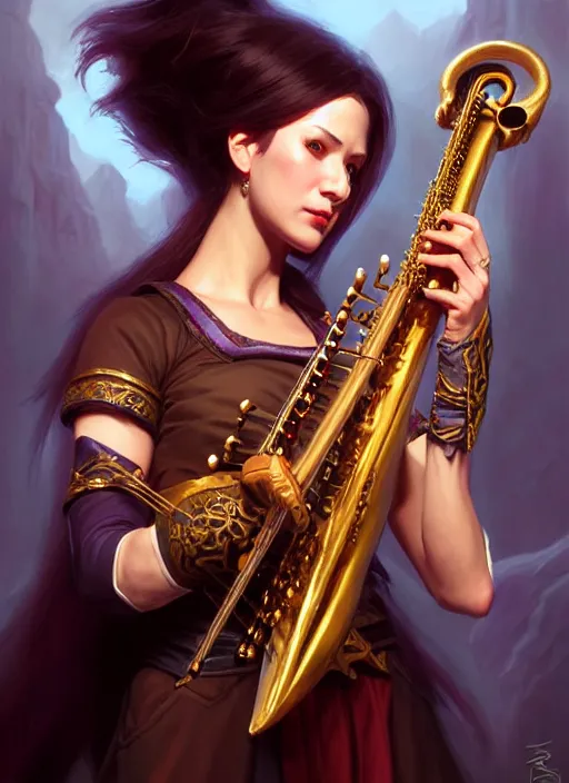 Prompt: a _ fantasy _ style _ portrait _ painting _ of female charismatic bard playing instrument, rpg dnd oil _ painting _ unreal _ 5 _ daz. _ rpg _ portrait _ extremely _ detailed _ artgerm _ greg _ rutkowski _ greg