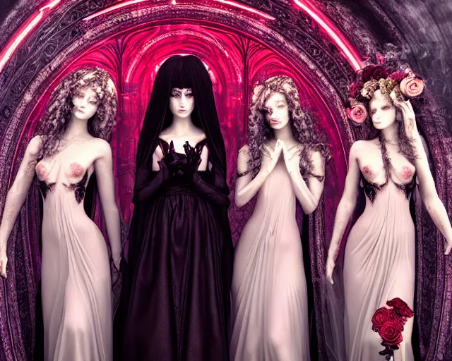 Prompt: three stunning otherworldly gothic goddesses with beautiful angelic faces, wearing psychedelic wicca, in wedding dresses, red neon roses, full body, dark and mysterious, atmospheric, ominous, eerie, cinematic light, epic, 8 k 3 d, ultra detail, ultra realistic, by giger, by wlop, by mucha