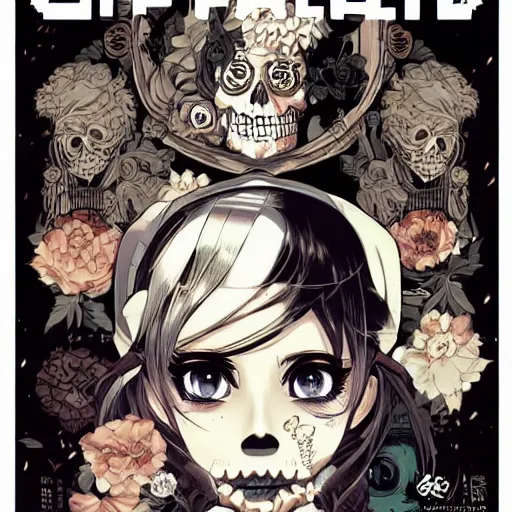 Image similar to portrait skull girl manga by anime, tom whalen, laurie greasley, jc leyendecker and greg rutkowski