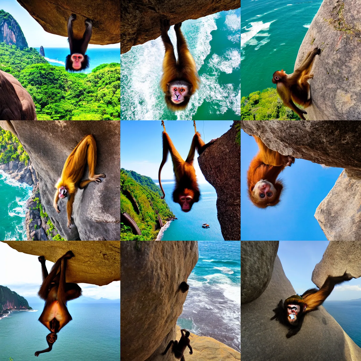 Prompt: a monkey hanging upside down from a large boulder, epic high vista view brazil beach