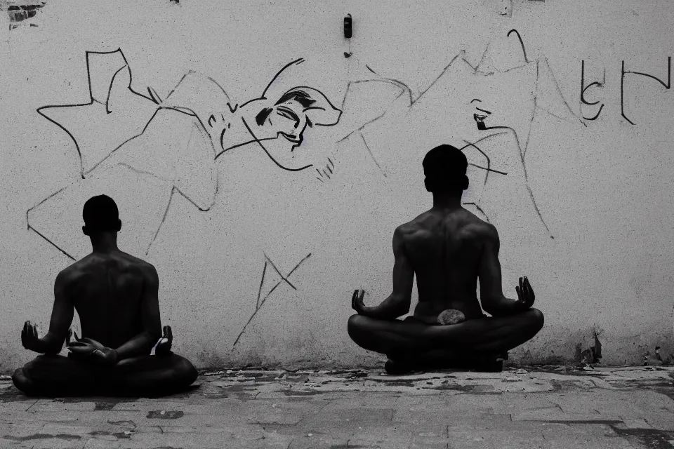 Prompt: black and white photograph of graffiti showing a person meditating