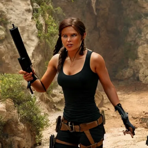 Prompt: scarlet johnson as lara croft, an film still, hollywood scene