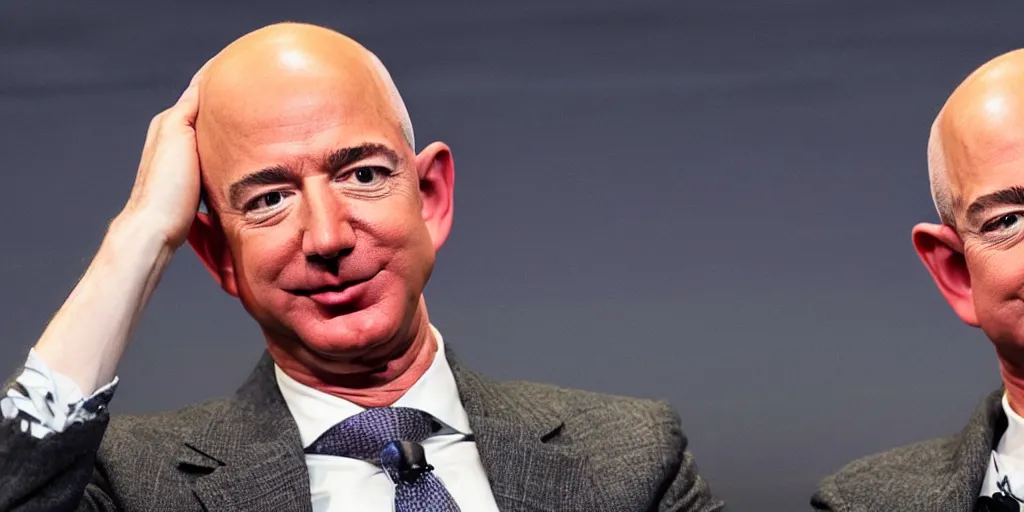 Image similar to ' jeff bezos holding his own head