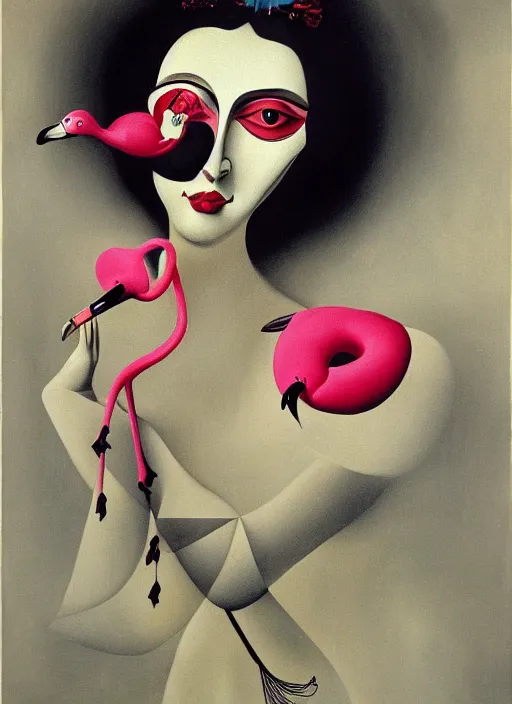 Prompt: detailed matte portrait of the queen of hearts with an upside down flamingo by salvador dali, 8 k resolution