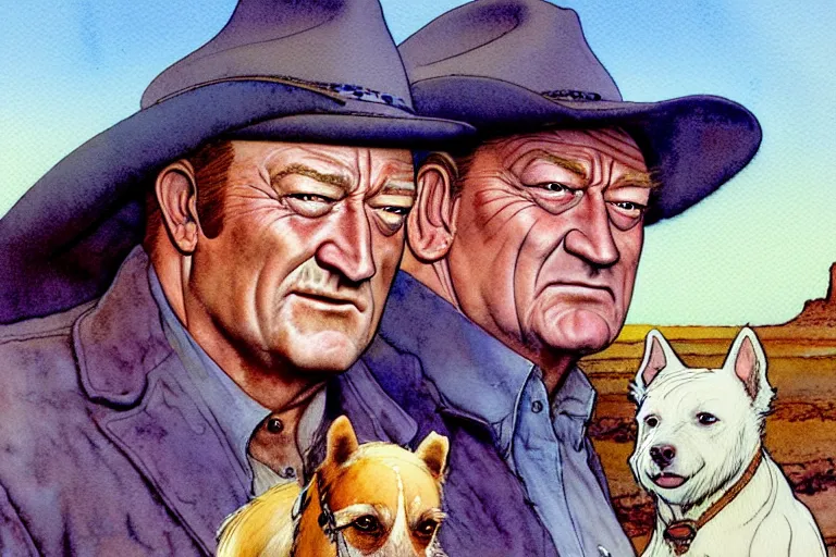 Image similar to a hyperrealist watercolour character concept art portrait of john wayne and a small white dog. there is a horse. arizona desert. there is a villain in the background. by rebecca guay, michael kaluta, charles vess and jean moebius giraud