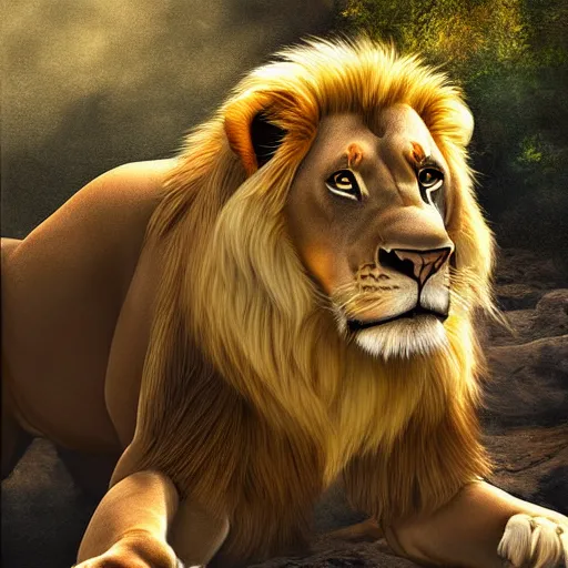 Image similar to a king lion, realistic painting, ultra detailed, cinematic, dynamic light