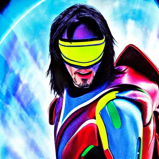 Image similar to keanu reeves as the rainbow power ranger, digital photography, high detail