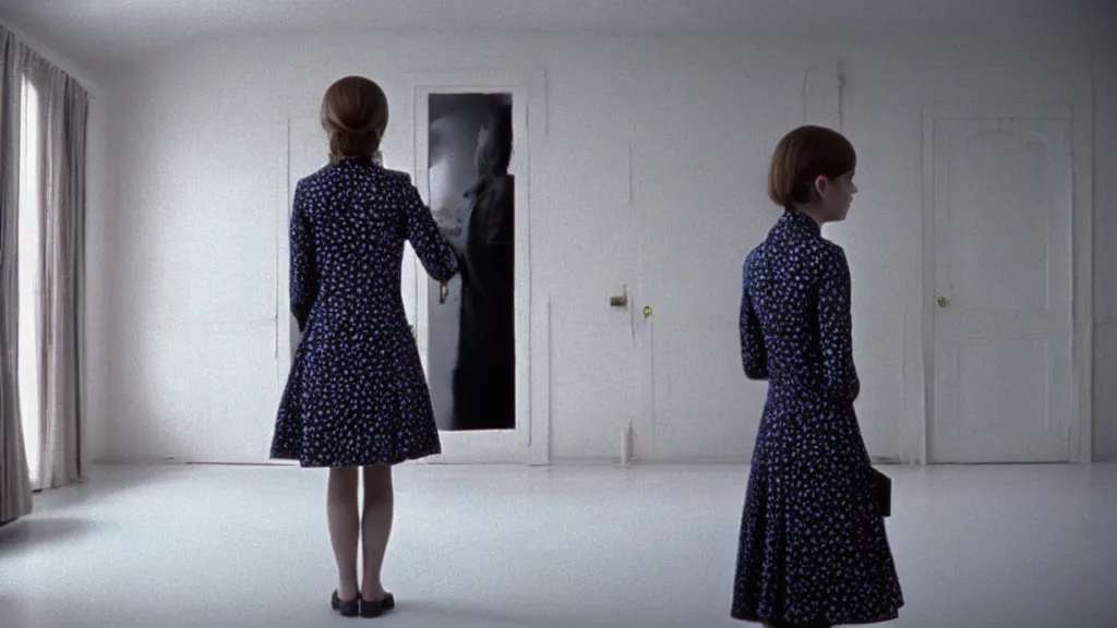 Prompt: A girl in a mod dress confronts the void, Film still from Wes Anderson, wide lens