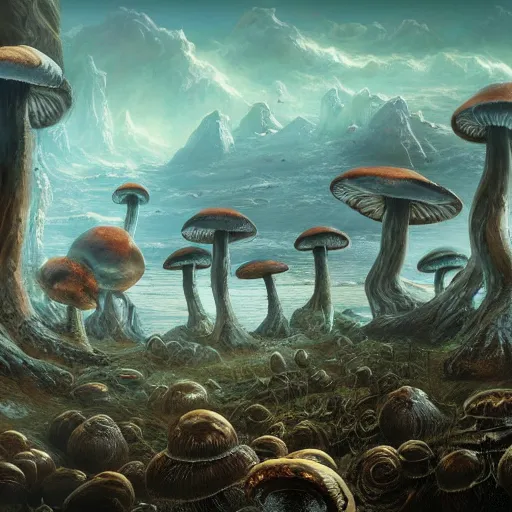 Image similar to eldritch shore scientists take their first steps on a strange alien planet full of mushrooms and other complex fungi, 8 k resolution matte painting trending on artstation an