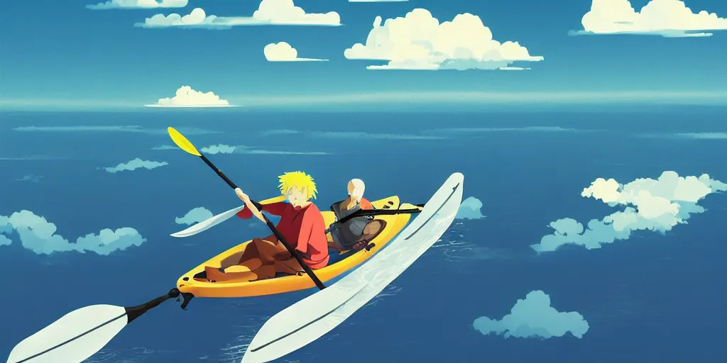 Prompt: blond kayaker paddling in his light blue kayak!!!!! above the clouds in the sky, by James Gilleard, studio ghibli, highly detailed trending at artstation, 4k, hdr, backlight