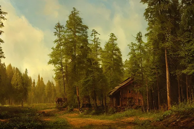 Image similar to A beautiful painting of russian village in dark forest by ivan shishkin and arkhip kuindji, trending on artstation,matte painting