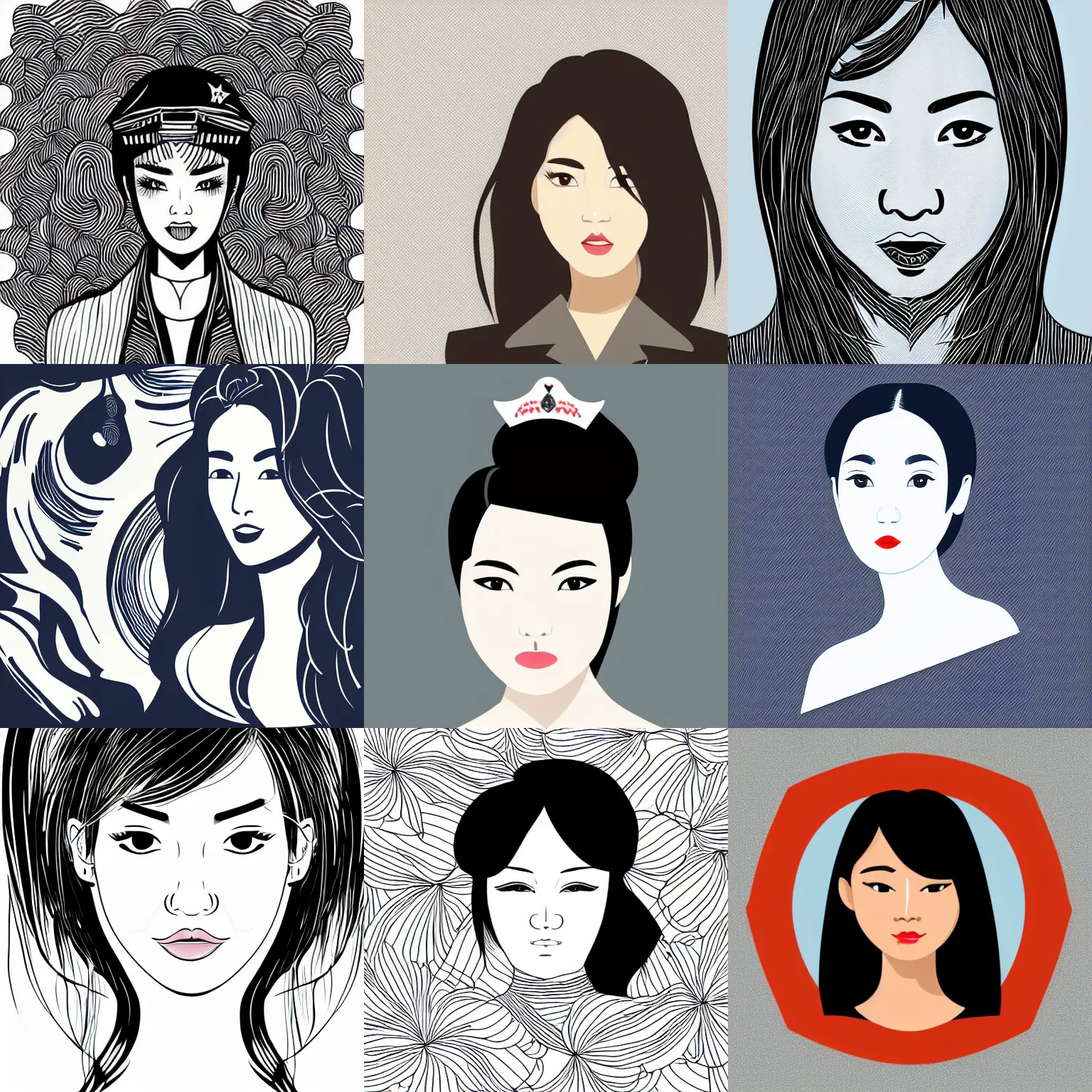 Prompt: illustration vector fine line art of a girl cop,very pretty asian face,full shot,color,trending on shutterstock
