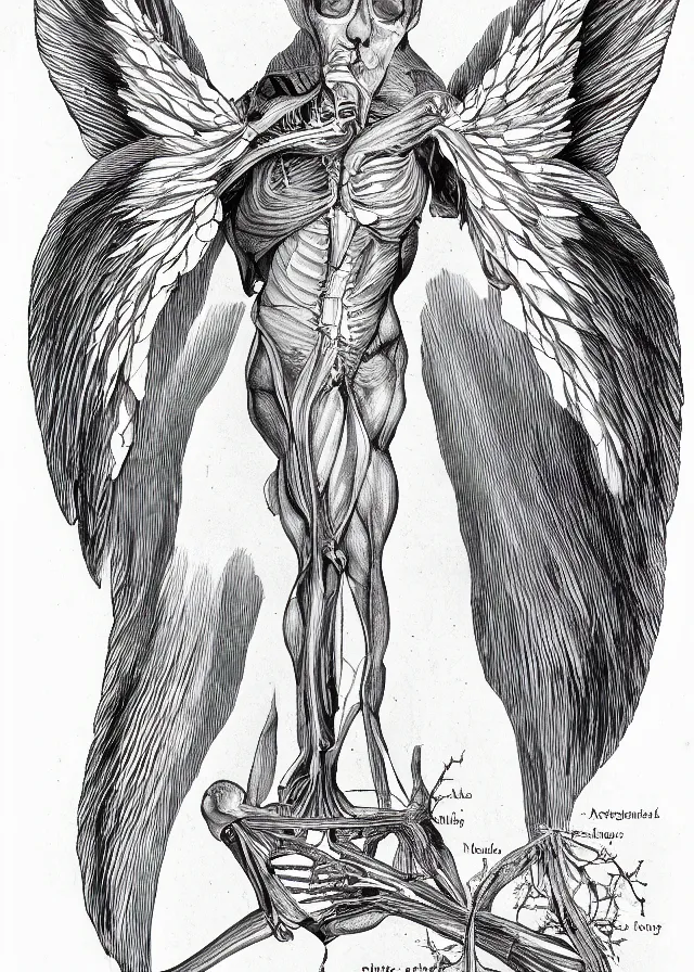 Image similar to a detailed biological anatomy of an angel, medical illustration