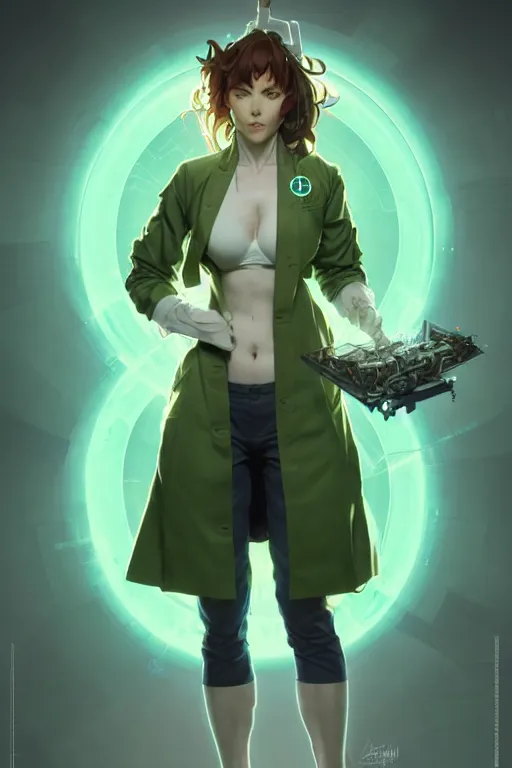 Prompt: a full body character design by artgerm, cushart krenz, greg rutkowski and alphonse mucha. mad scientist woman lab coat!! green plasma cyborg body!! symmetrical gear background, face sharp edges. ultra clear detailed. 8 k. ultra detailed, elegant, intricate, octane render.