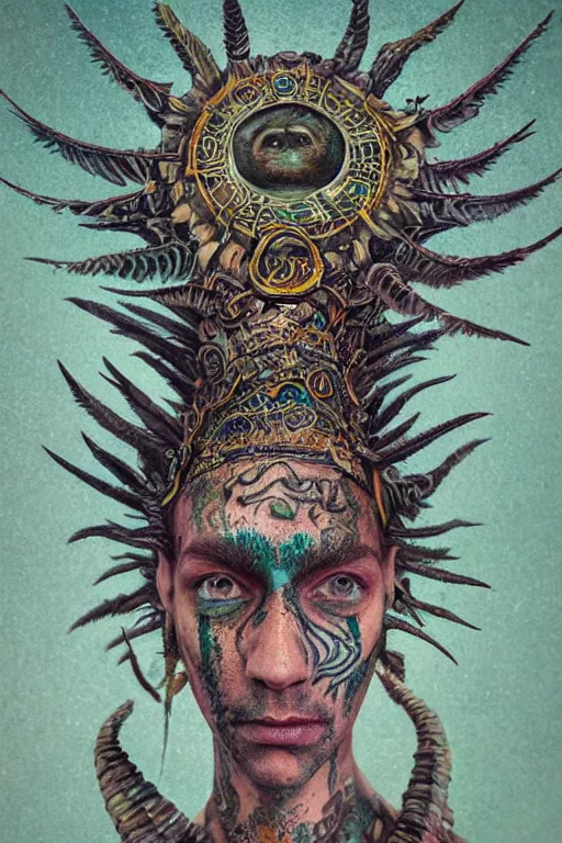 Prompt: hyperrealistic hyper detailed neo-surreal close-up 35mm portrait of levitating psychedelic shaman covered in Celtic tattoos, dinosaur head headdress, rococo matte painting concept art very dramatic lighting low angle hd 8k sharp shallow depth of field