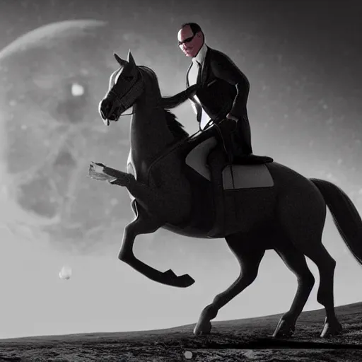 Image similar to real vintage photo, agent smith from the matrix riding a horse on moon, detailed, hyper realistic, 4 k octan render, unreal 5