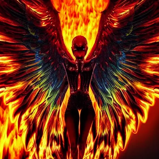 Prompt: hyperdetailed image of a human phoenix with its full body flaming and wings spread 8 k extremely detailed hd hyperrealism fiery extremely accurate unbelievably creepy movie studio style
