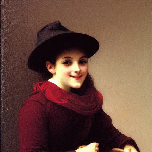 Prompt: a william - adolphe bouguereau portrait painting of an smiling humanoid android with a red hat and big round glasses.