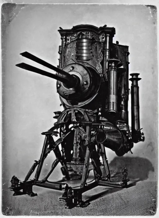 Image similar to 1 8 8 5 photo of a steampowered riveted turret from portal 2, gatling gun, daguerrotype, high quality