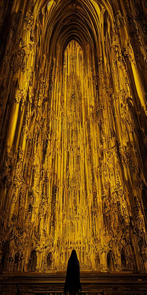 Image similar to a tall pale humanoid wearing a yellow garment sitting upon an ornate stone throne, 4K, digital art, horror, dramatic, wearing a long yellow rotting garment, dark, hyperrealistic, perspective, complex (((dark))) cathedral background with volumetric lights coming in through cathedral windows, dark background, highlights,