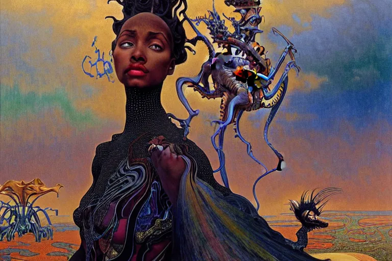 Image similar to realistic extremely detailed closeup portrait painting of a beautiful black woman wearing futuristic dress, mutant dragon and a single old house on background by Jean Delville, Amano, Yves Tanguy, Alphonse Mucha, Ernst Haeckel, Edward Robert Hughes, Roger Dean, rich moody colours