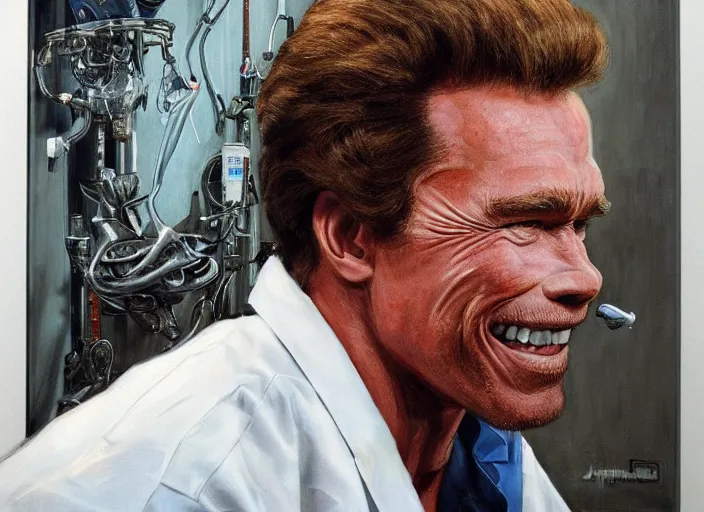 Image similar to a highly detailed arnorld schwarzenegger portrait of a dentist, james gurney, james jean