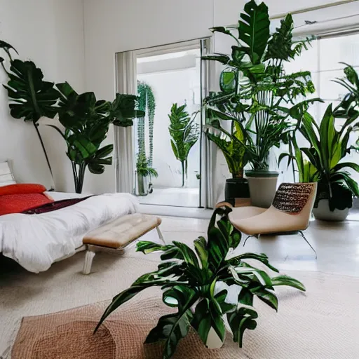 Prompt: a large room with tropical plants and musical equipment, minimal style